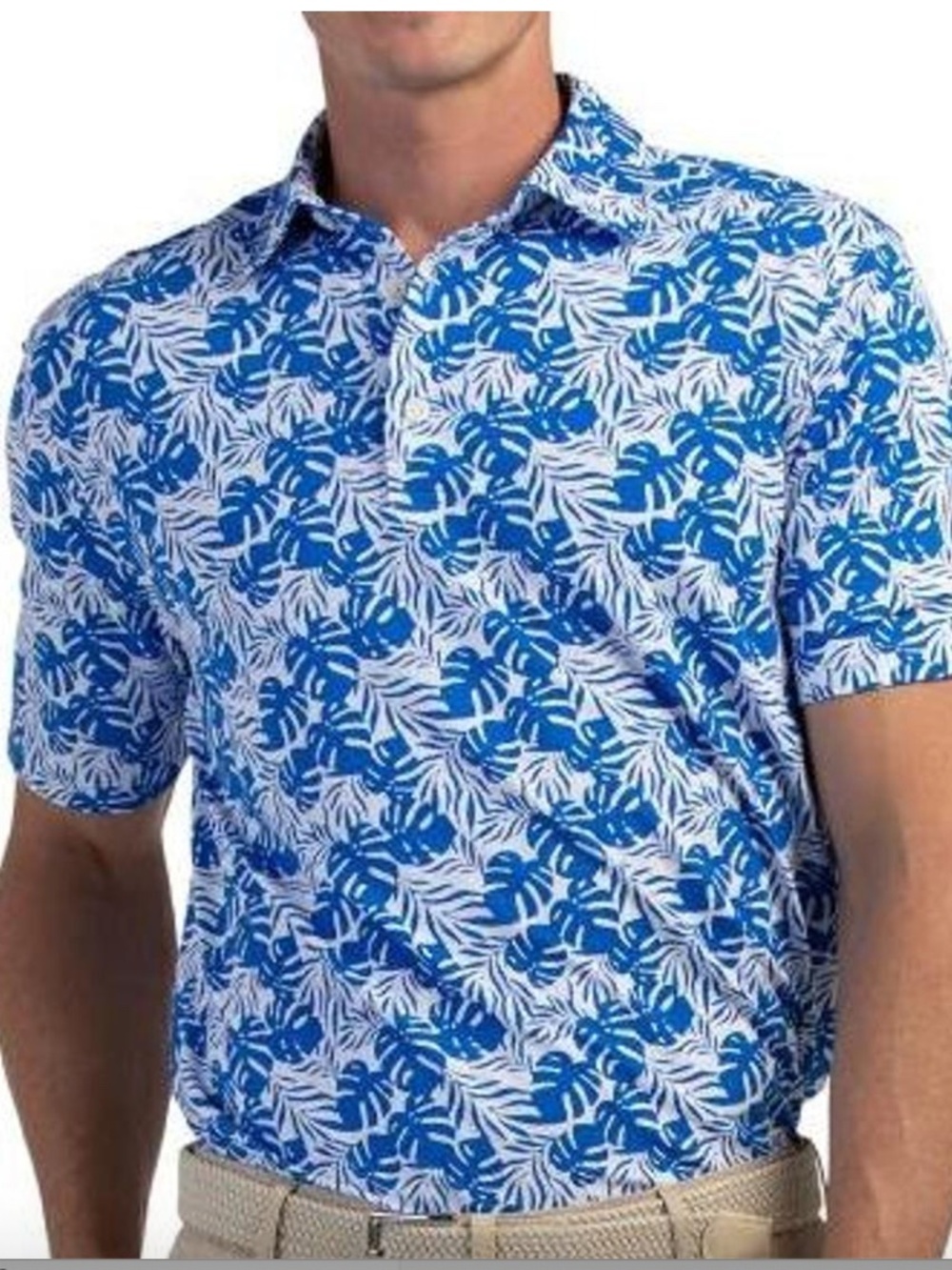 IBKUL Polo Shirt Men's Small Blue White Tropical Leaf UPF 50+ Golf Performance
